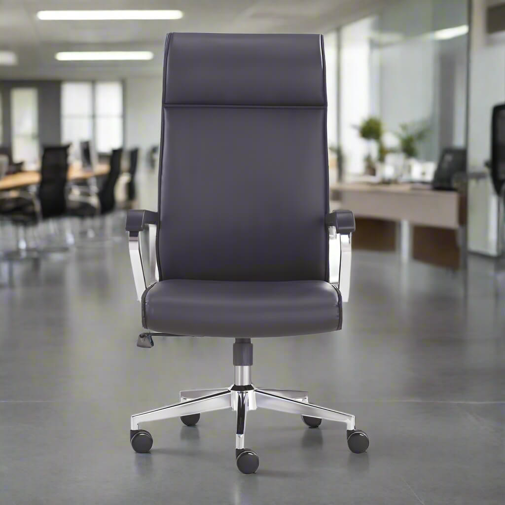 The front view of a black leather office chair sold on WorkZen Interiors