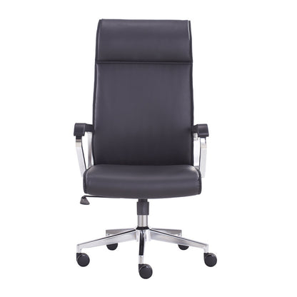 The front view of a black leather office chair sold on WorkZen Interiors