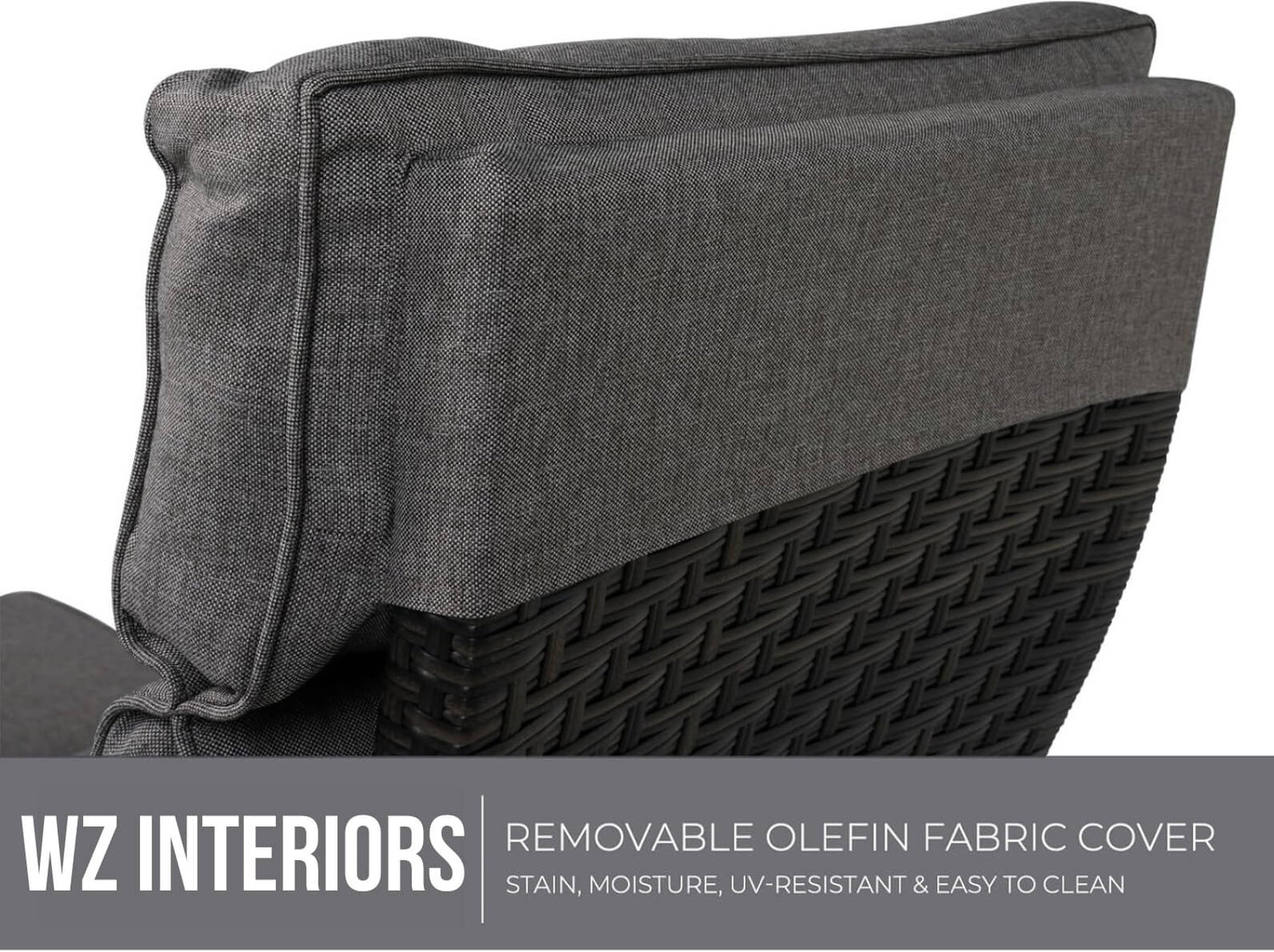 Gray fabric cover on a chair with WZ Interiors branding and product features.