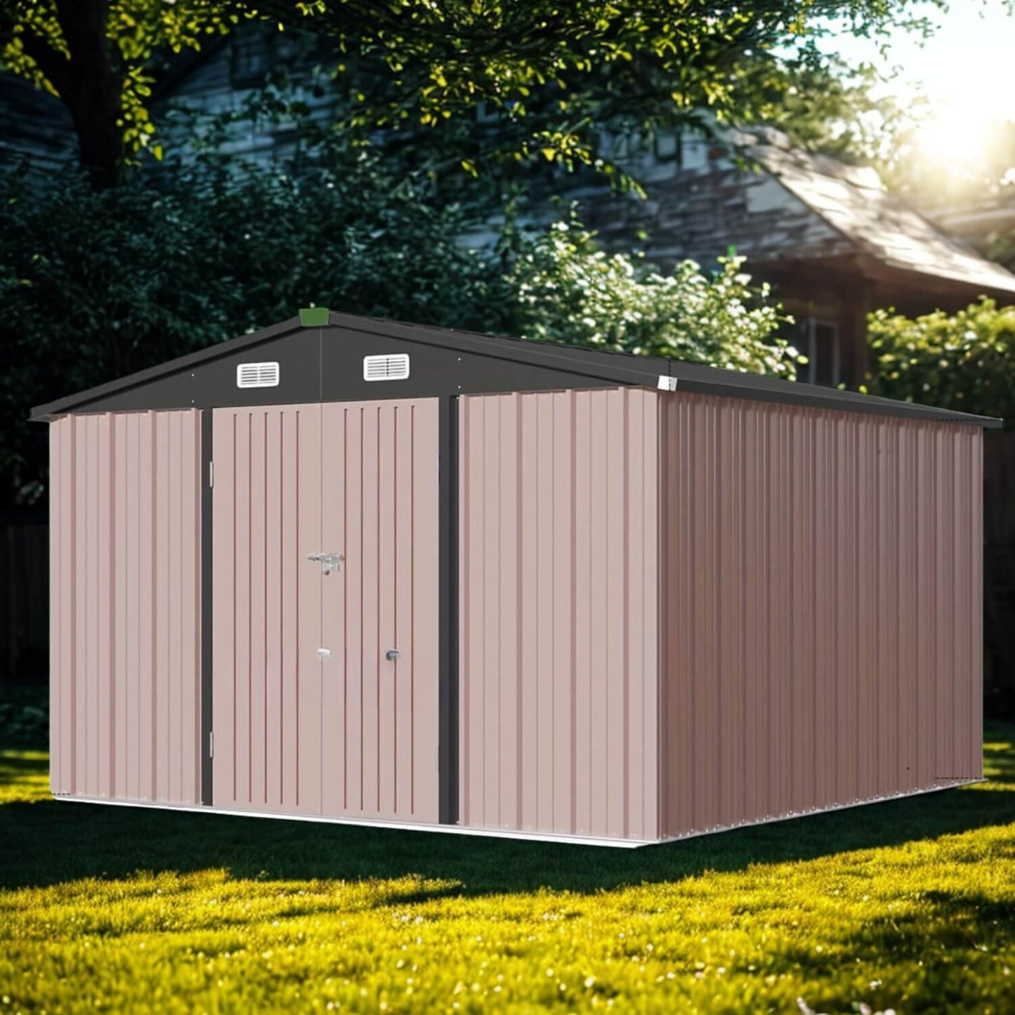 Metal storage shed with beige walls and black roof in a garden setting