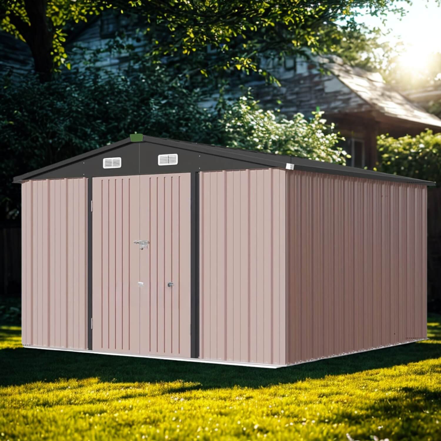 Metal storage shed with beige walls and black roof in a garden setting