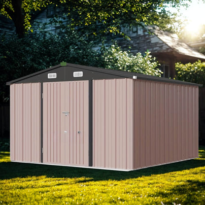 Metal storage shed with beige walls and black roof in a garden setting