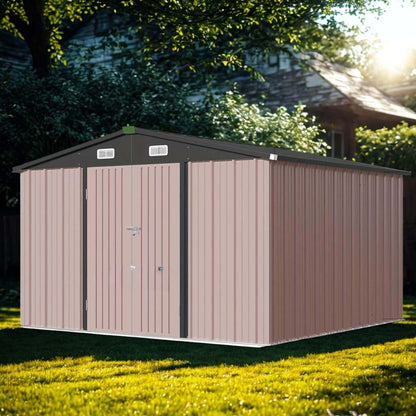 Metal storage shed with brown siding and black roof in a garden setting