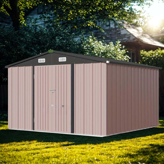 Metal storage shed with brown siding and black roof in a garden setting