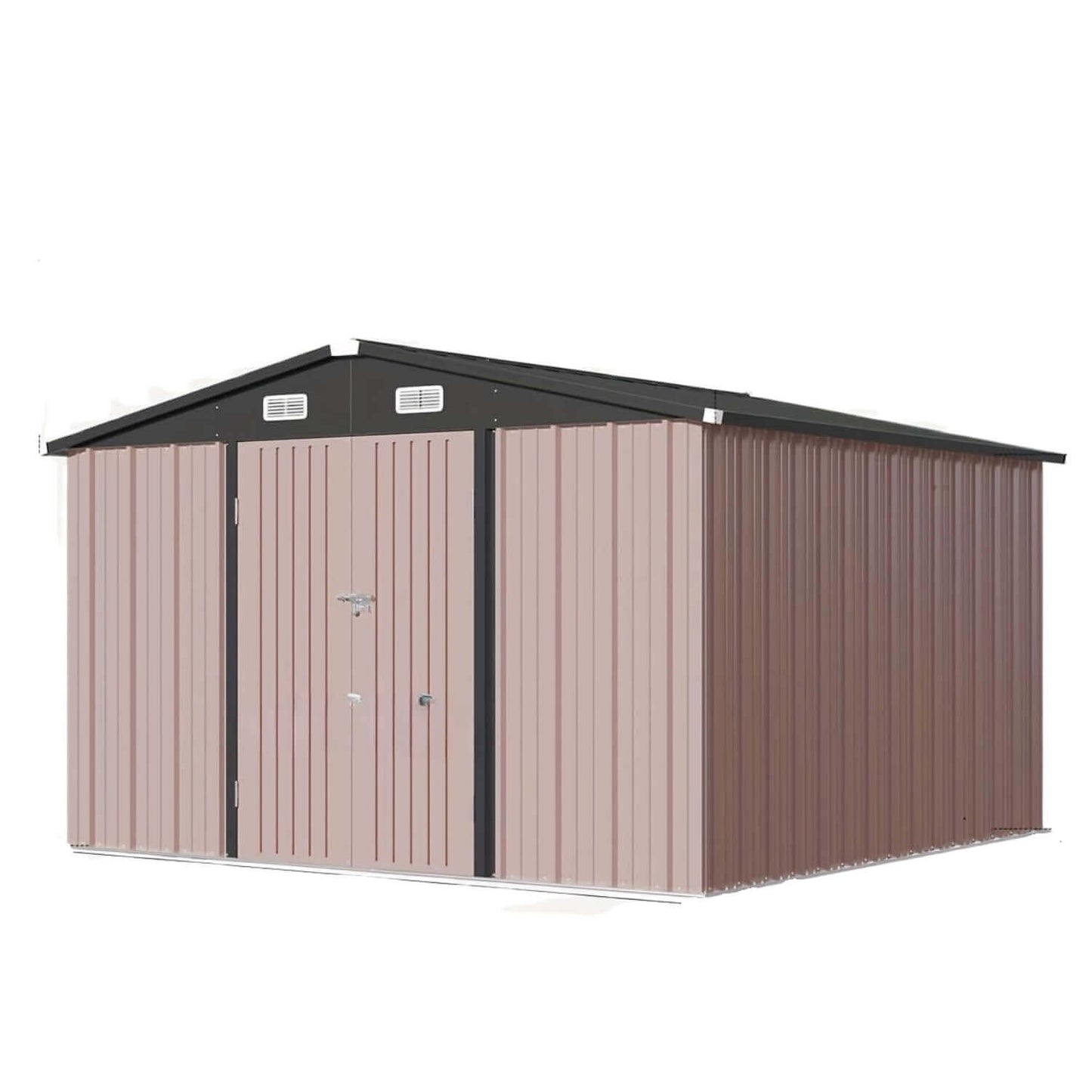 Metal storage shed with brown doors and beige walls on a white background