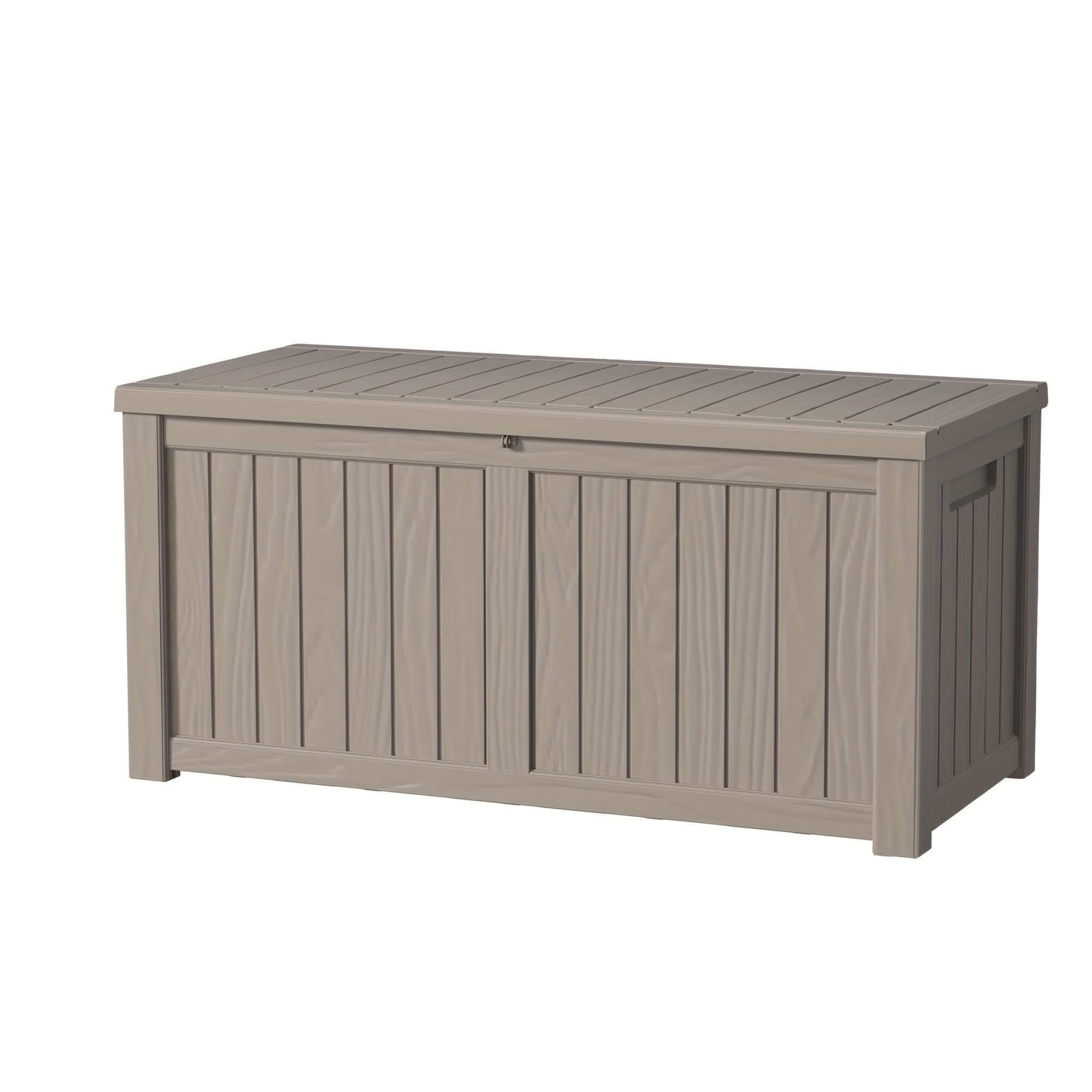 Wooden storage bench with a slatted design on a white background