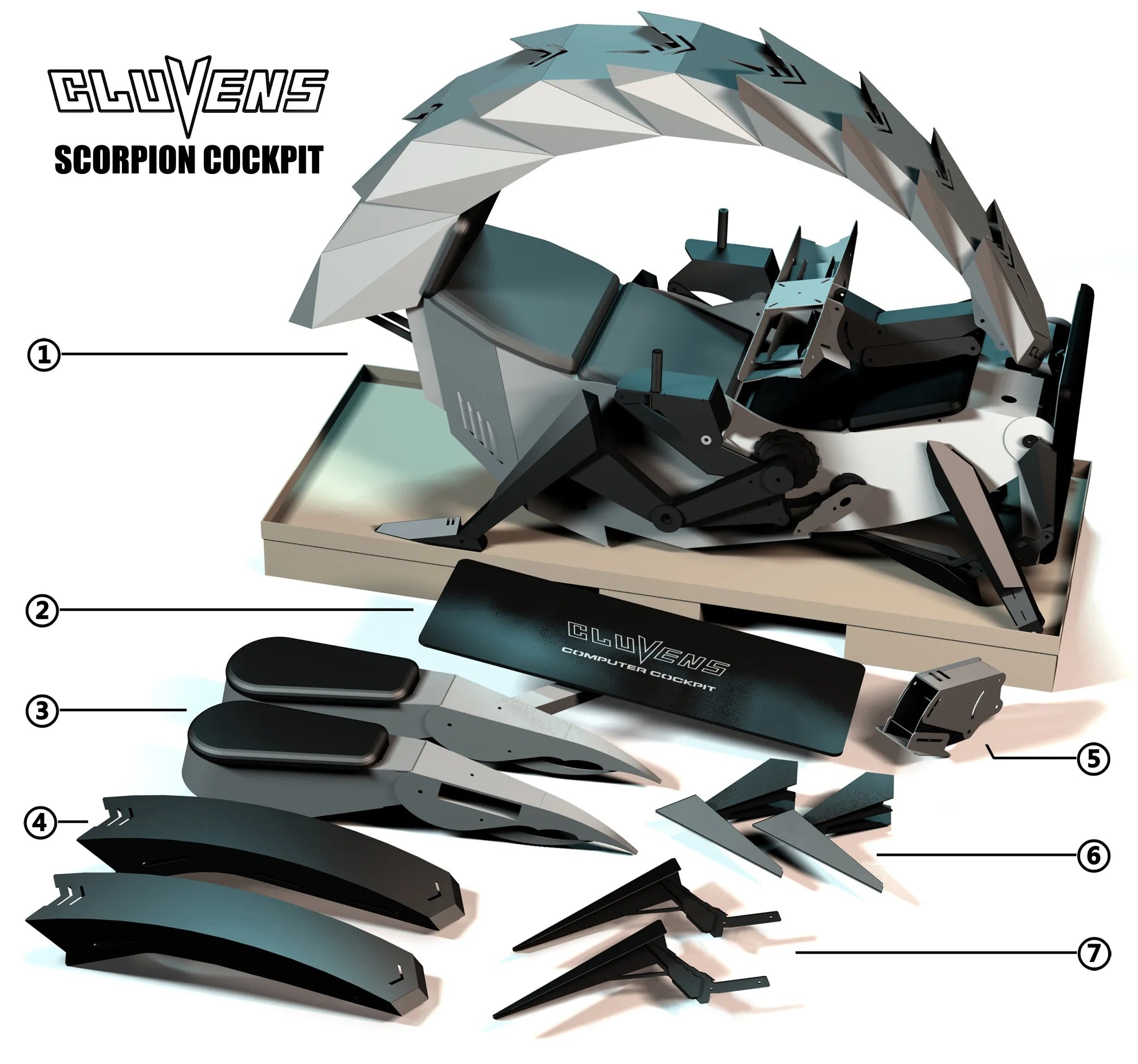 CLUVENS Scorpion Cockpit with labeled parts on a white background