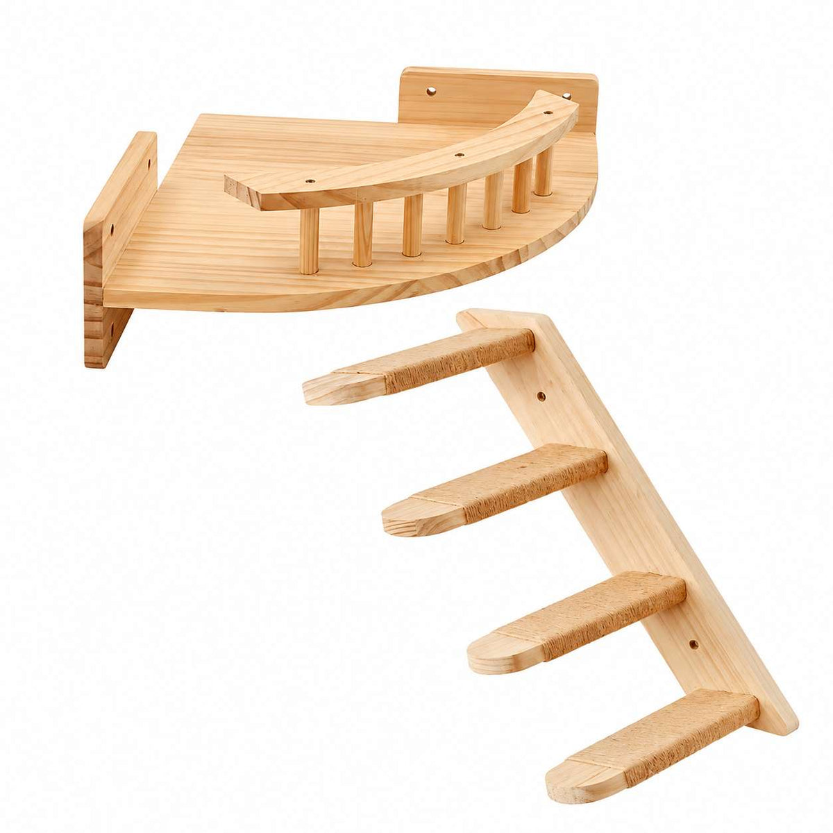 Light natural wood wall-mounted shelf and ladder organizer shown on a plain white background, with the curved shelf unit at the top left and the attached ladder-style steps at the bottom right.