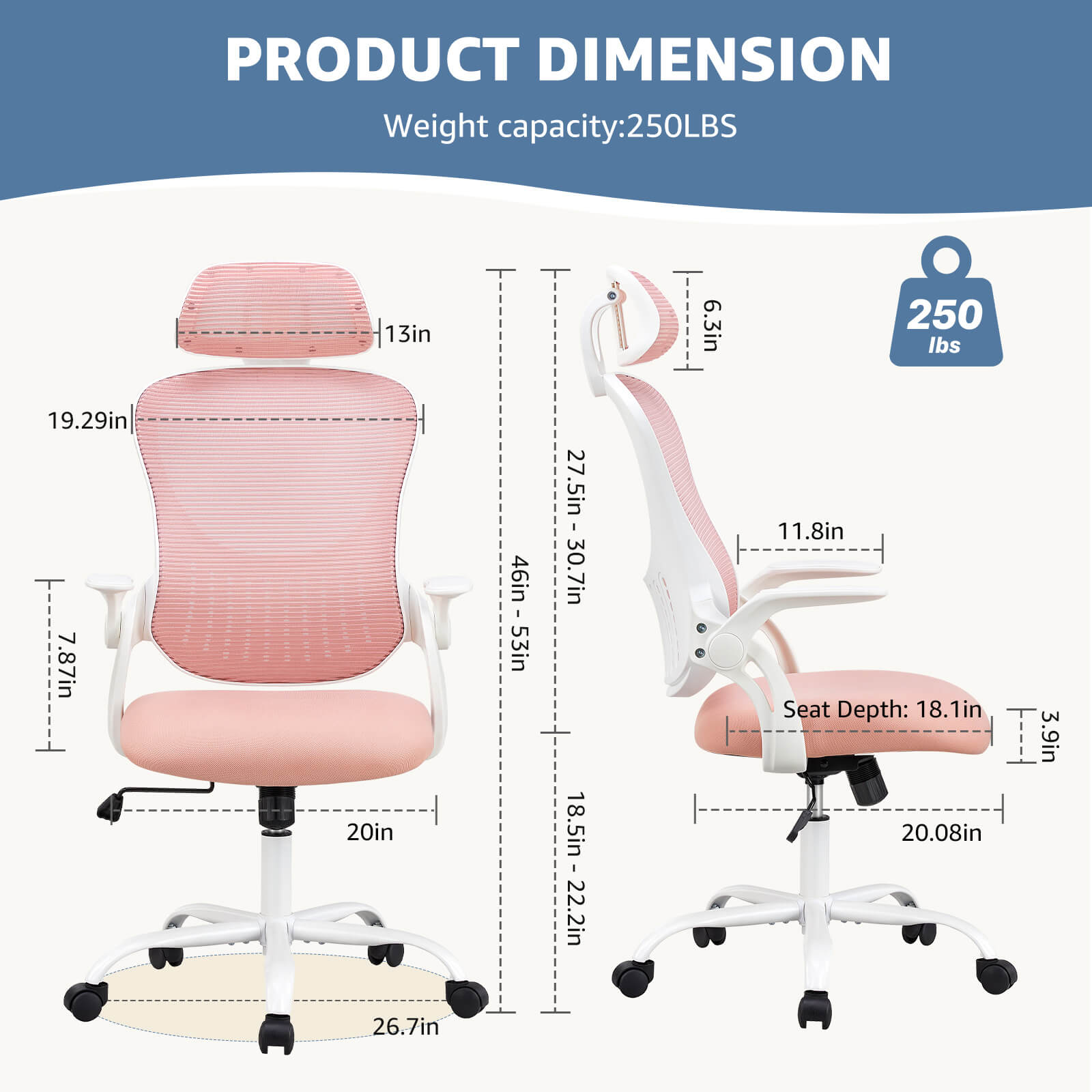 Dimension of a pink Mesh Back Office Desk Chair sold by WorkZen Interiors