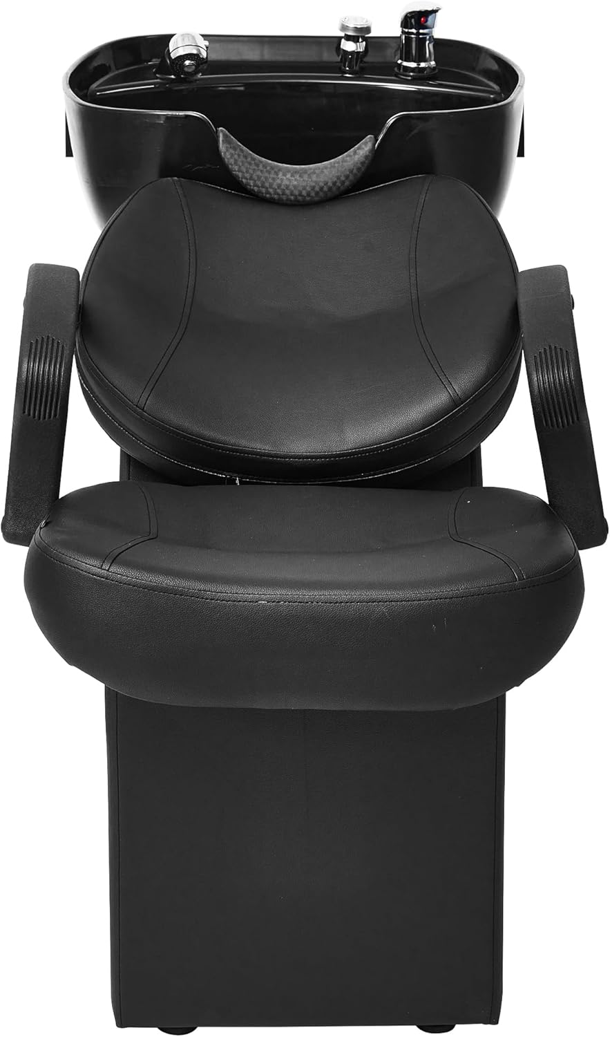 Front view of a black professional backwash unit in a white background.